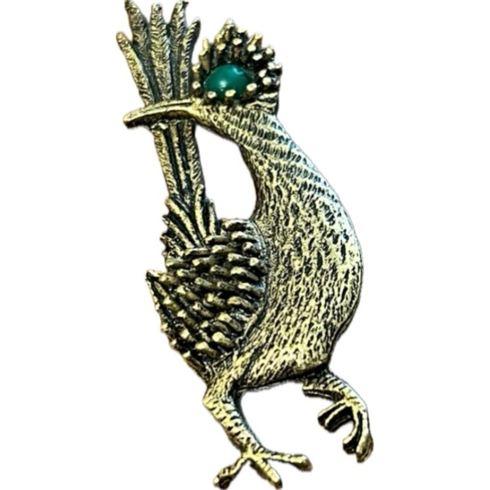 Vintage Ambassador Signed Roadrunner Brooch Gold Tone with Green Eye